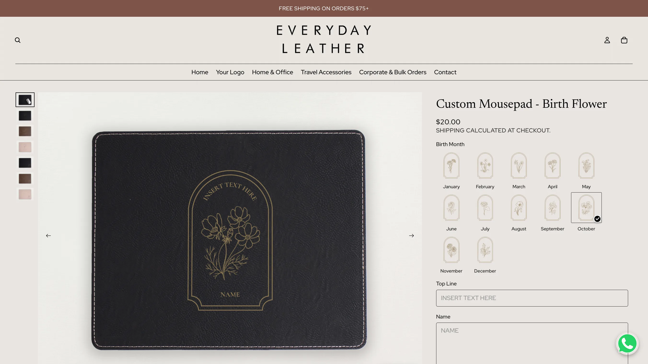 Everyday Leather Custom Mousepad - Birth Flower product page with twelve birth-month swatches, Top Line and Name fields, and a live product preview