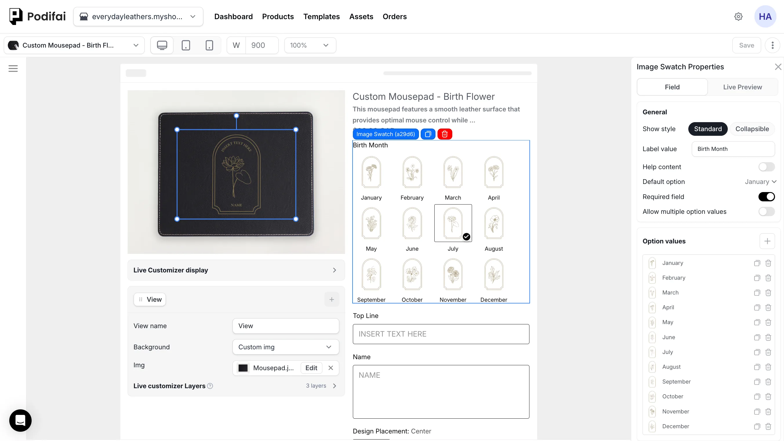 Podifai editor showing Everyday Leather's birth-month image swatches, text fields, live preview layers, and image-swatch settings