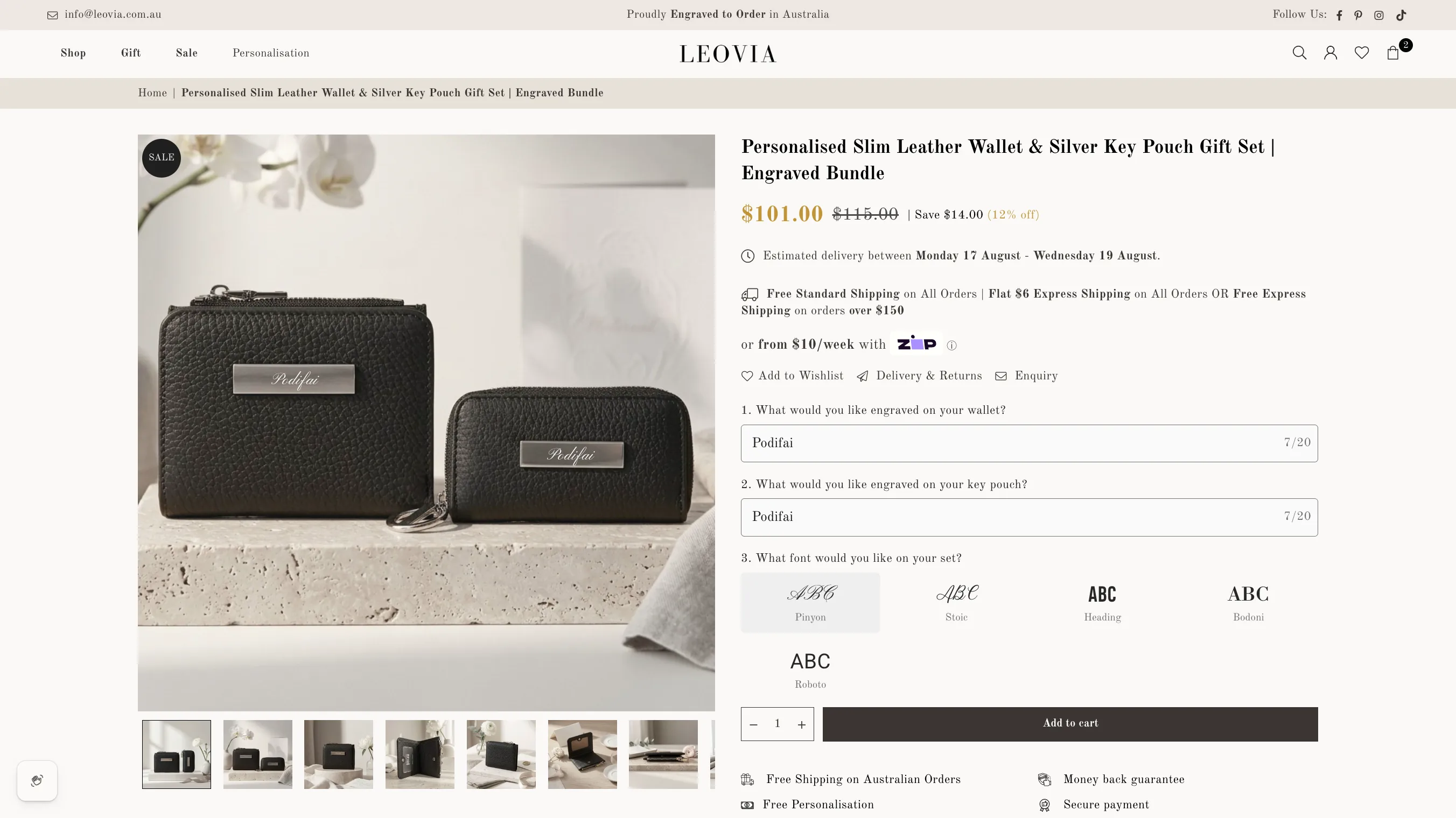 Leovia leather wallet and key pouch gift-set product page with engraving fields and font choices